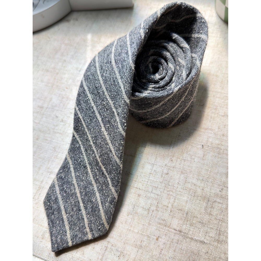 J.Crew Mens Grey White Striped Silk Slim Tie Handmade in USA